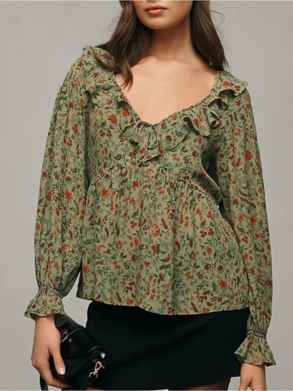 NEW REFORMATION Wyn Top PONDEROSA Green Floral Ruffle TieNeck Blouse Puff Sleeve